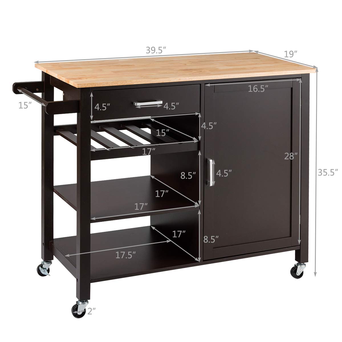 Brown Rolling Kitchen Cart with Towel Rack and Wood Table Top