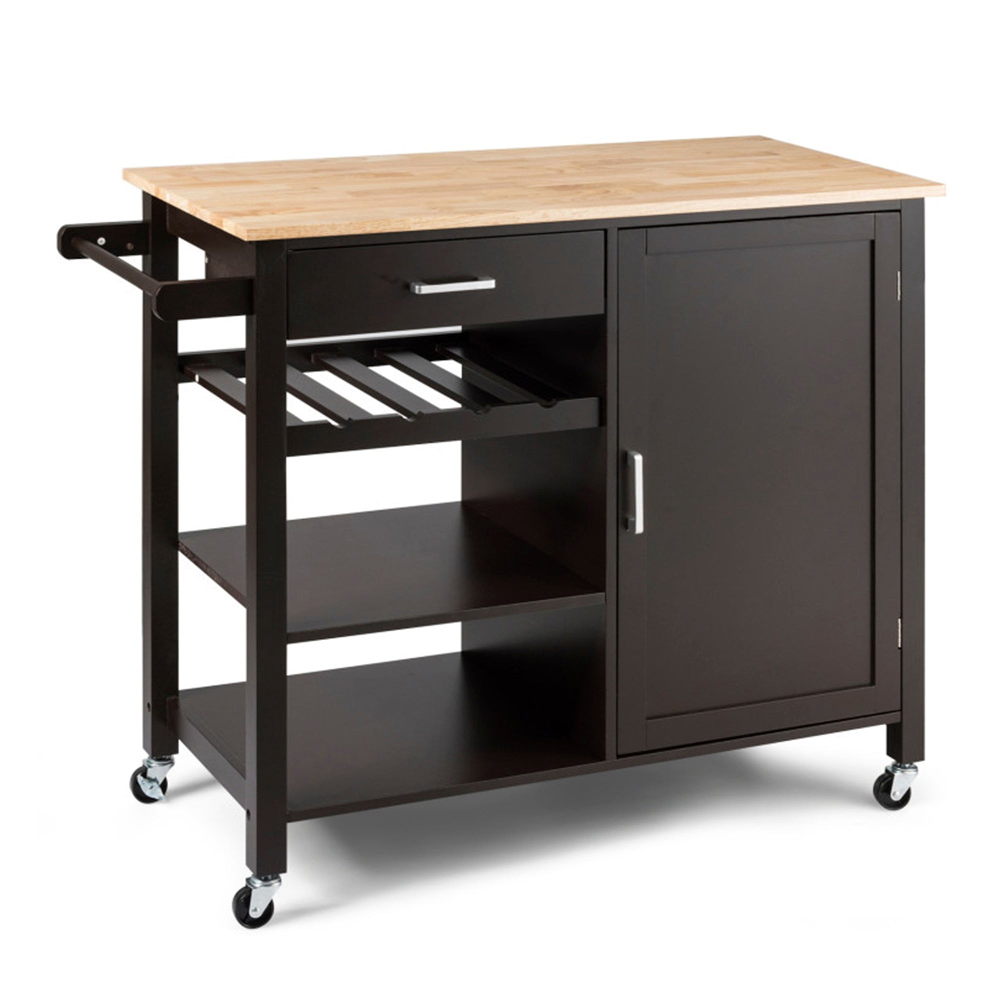 Brown Rolling Kitchen Cart with Towel Rack and Wood Table Top