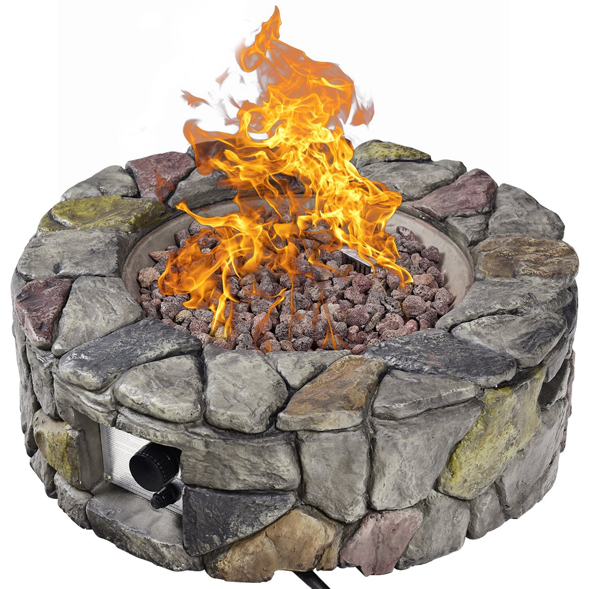 28 in. Gray Outdoor Round Stone Propane Gas Fire Pit