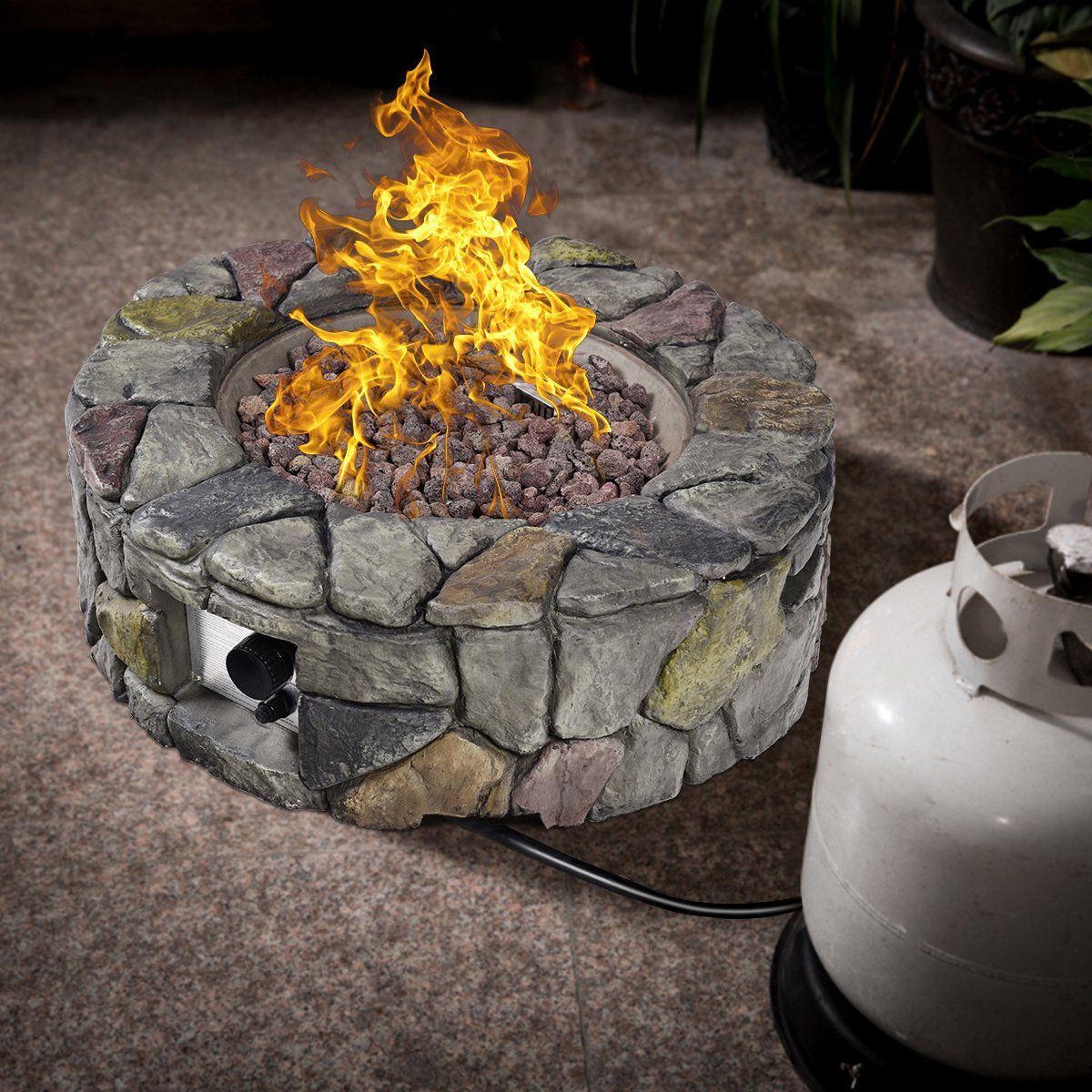 28 in. Gray Outdoor Round Stone Propane Gas Fire Pit