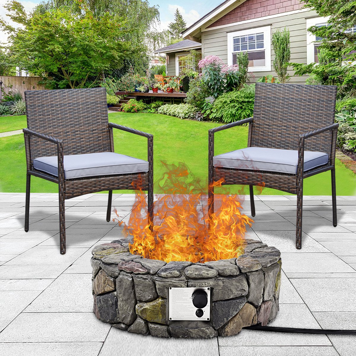 28 in. Gray Outdoor Round Stone Propane Gas Fire Pit