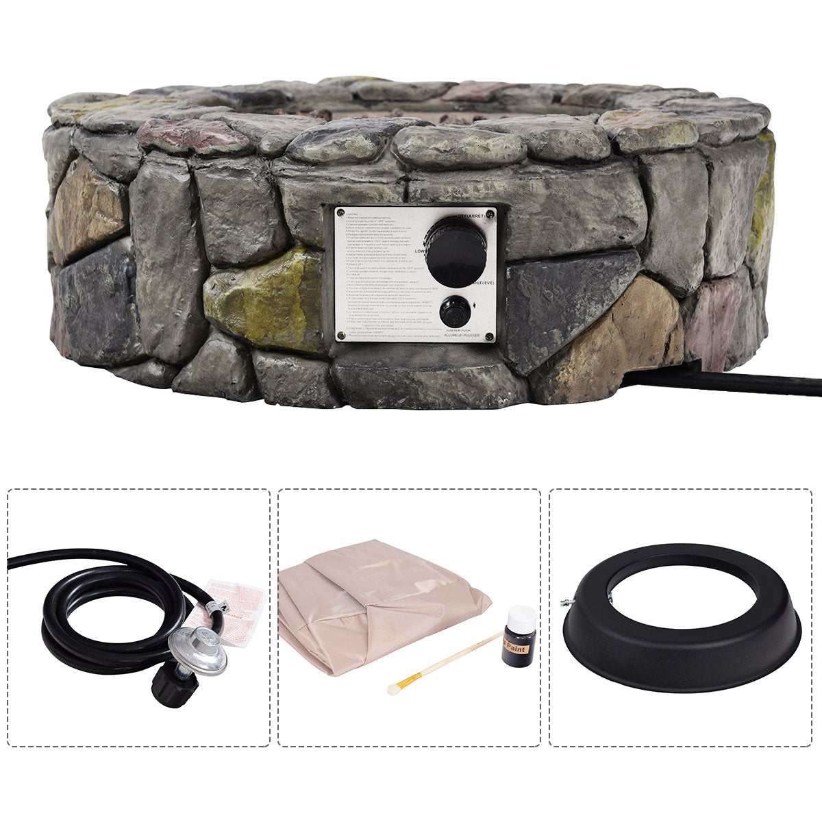 28 in. Gray Outdoor Round Stone Propane Gas Fire Pit