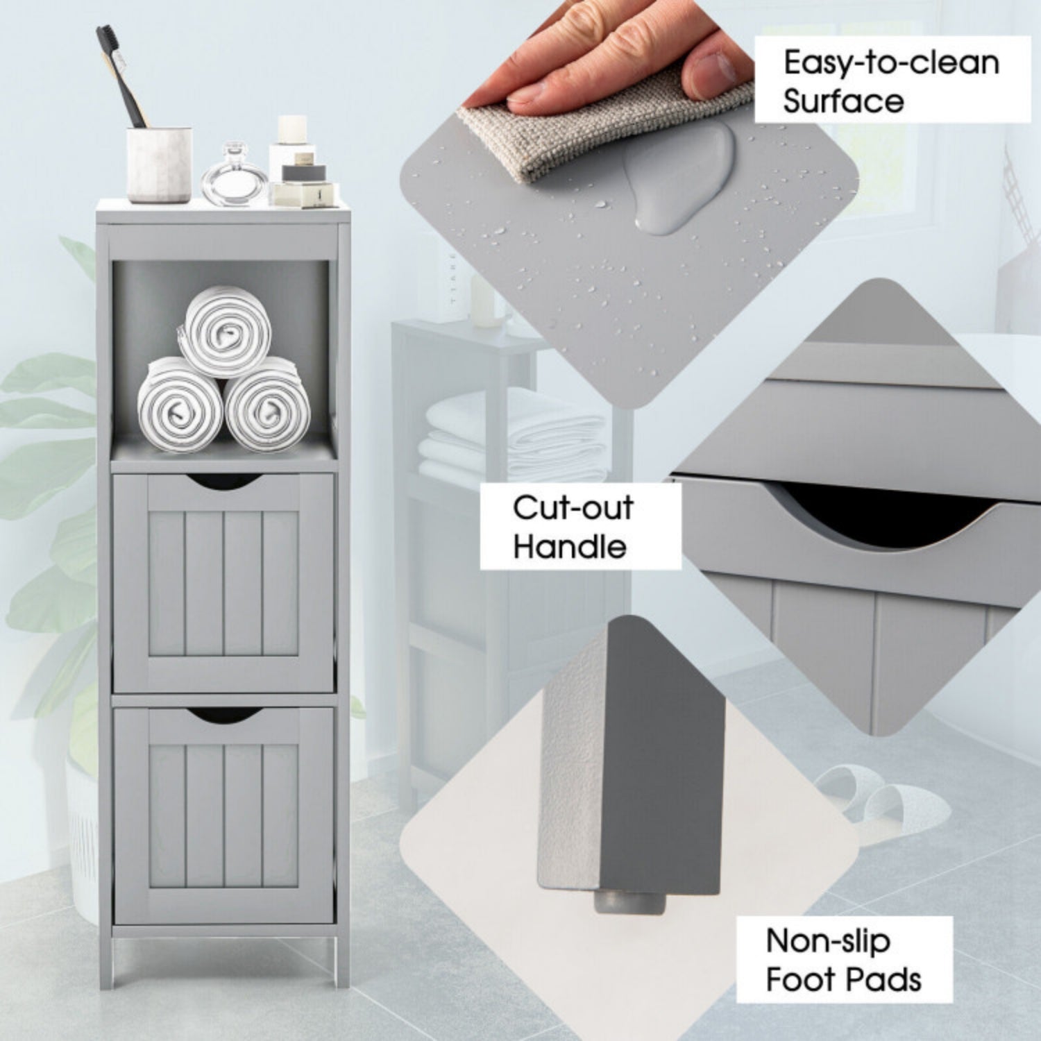 SUGIFT Wooden Bathroom Floor Cabinet with Removable Drawers, Gray