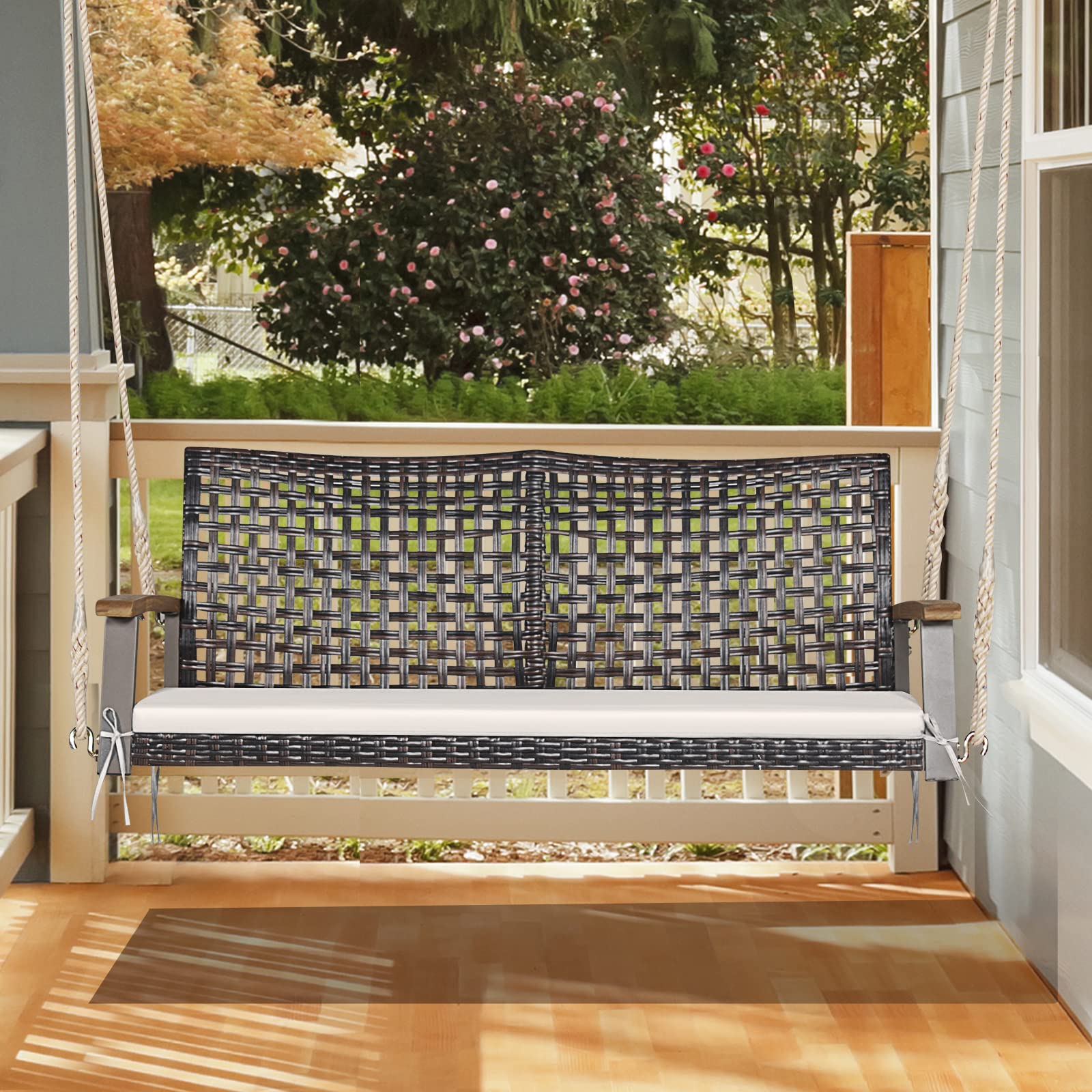 2-Person Brown Wicker Porch Swing with White Cushions