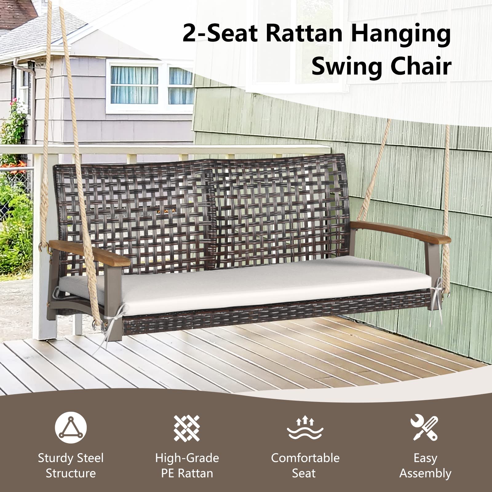 2-Person Brown Wicker Porch Swing with White Cushions