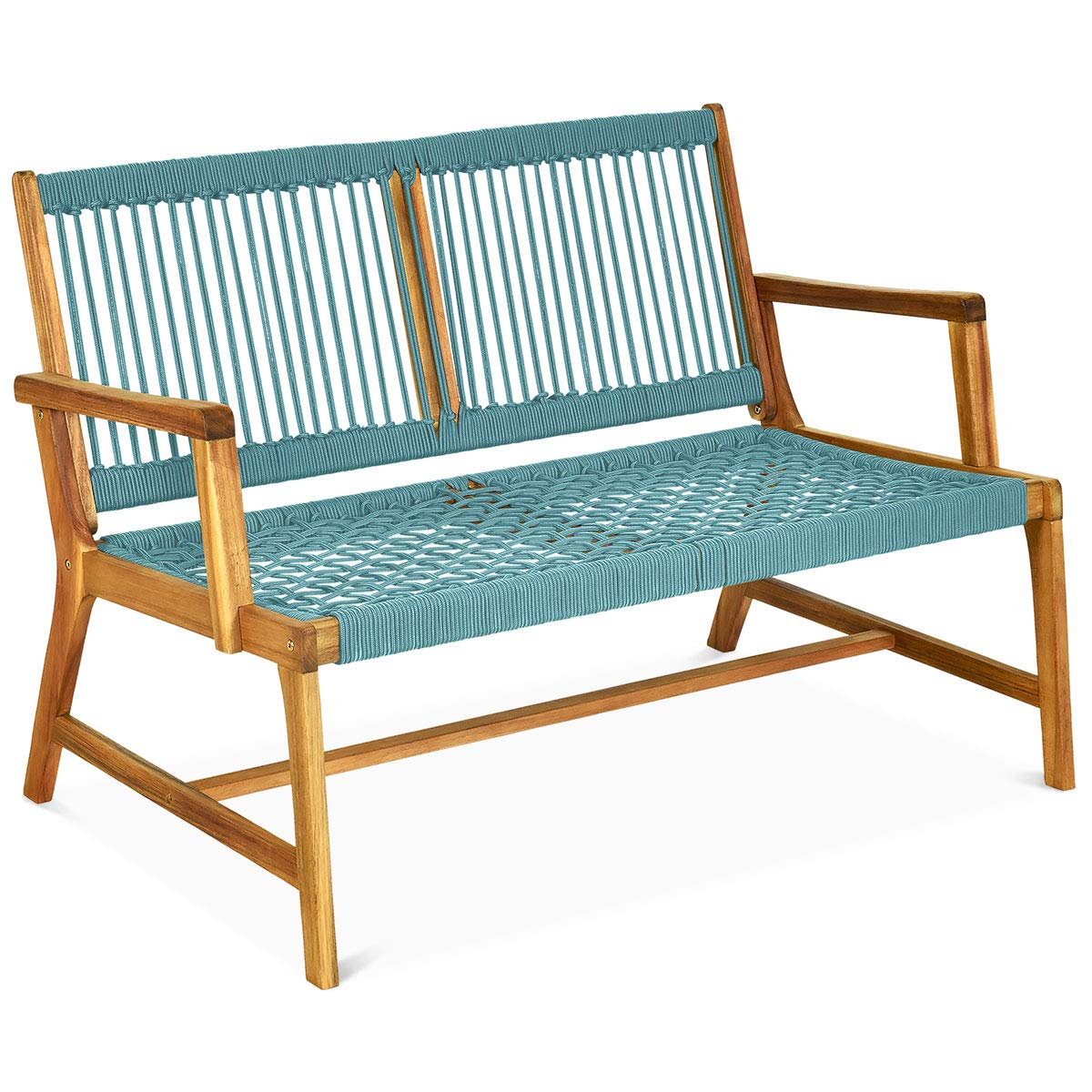 2-Person Turquoise Acacia Wood Outdoor Bench for Balcony and Patio