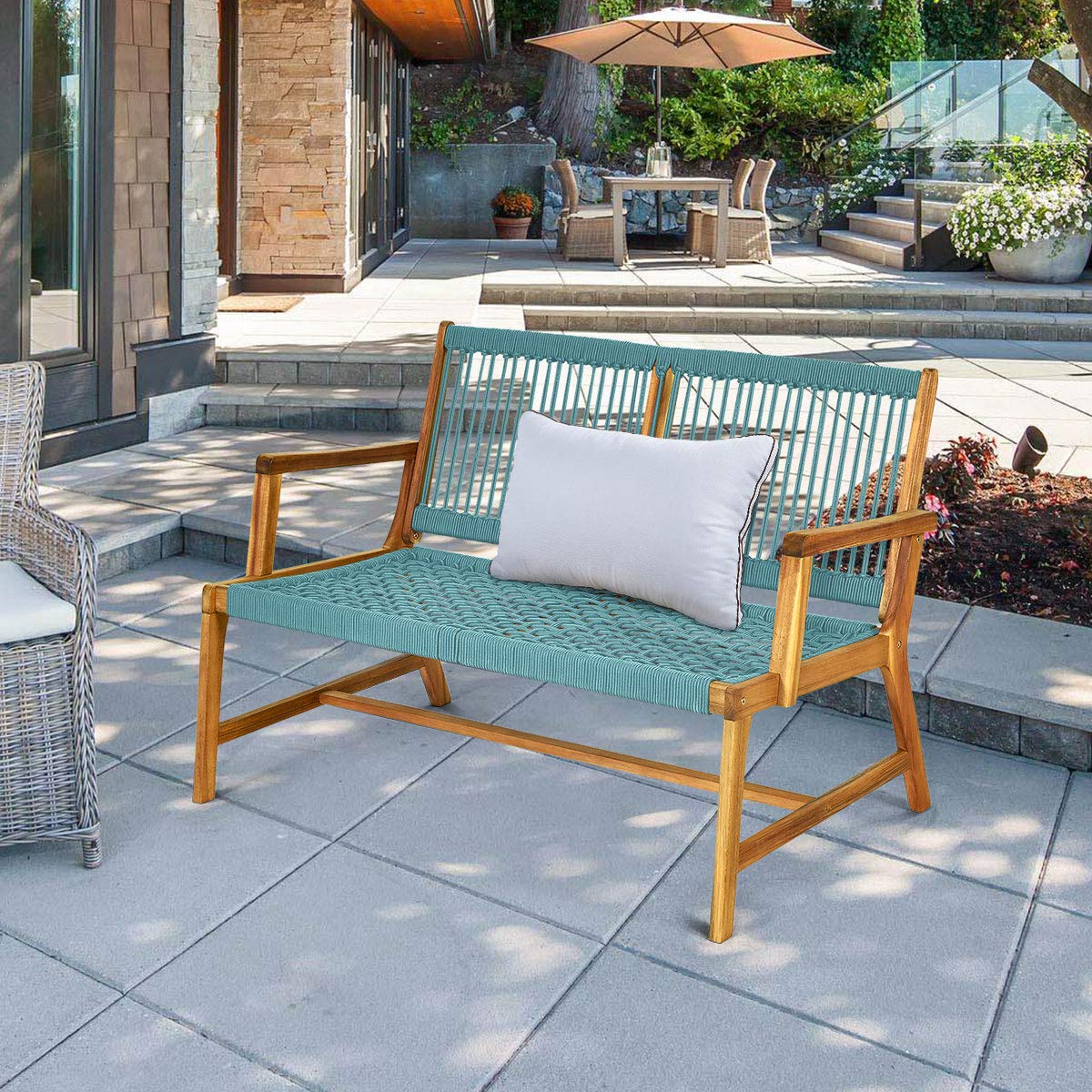 2-Person Turquoise Acacia Wood Outdoor Bench for Balcony and Patio