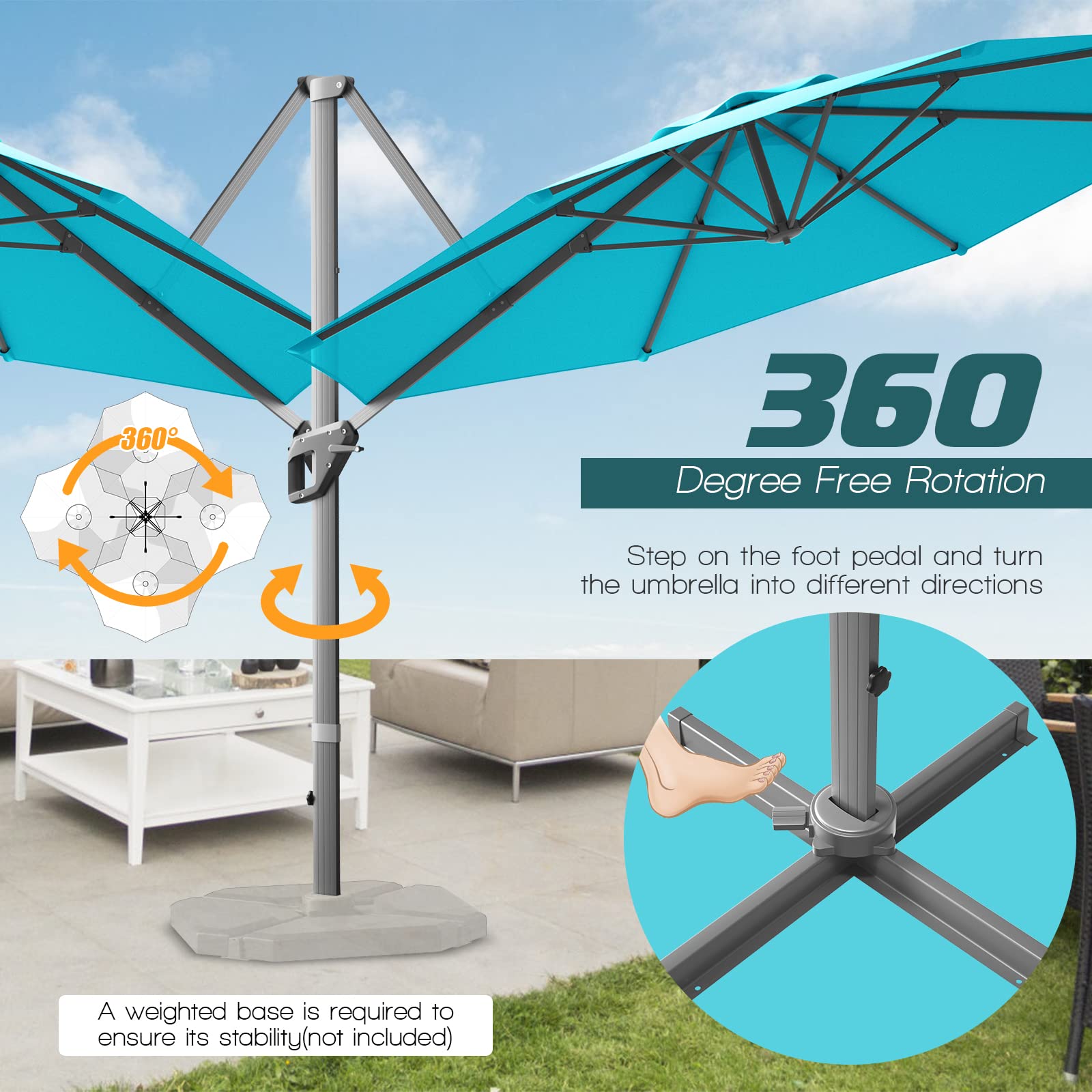 11 ft. Aluminum 360¡ã Rotation Patio Cantilever Umbrella with Tilt System in Turquoise