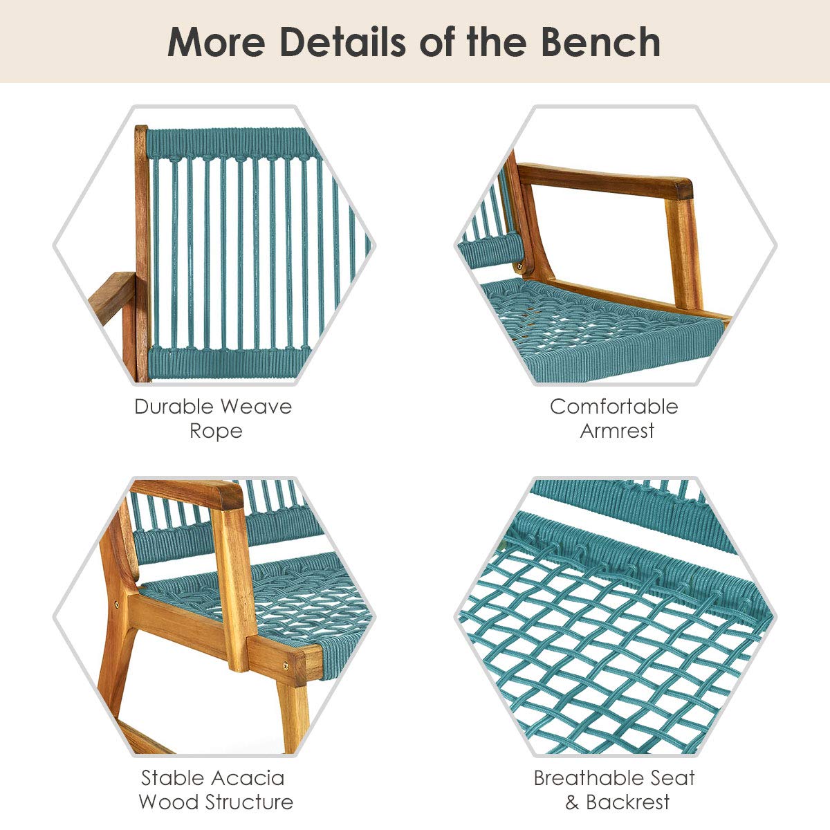 2-Person Turquoise Acacia Wood Outdoor Bench for Balcony and Patio