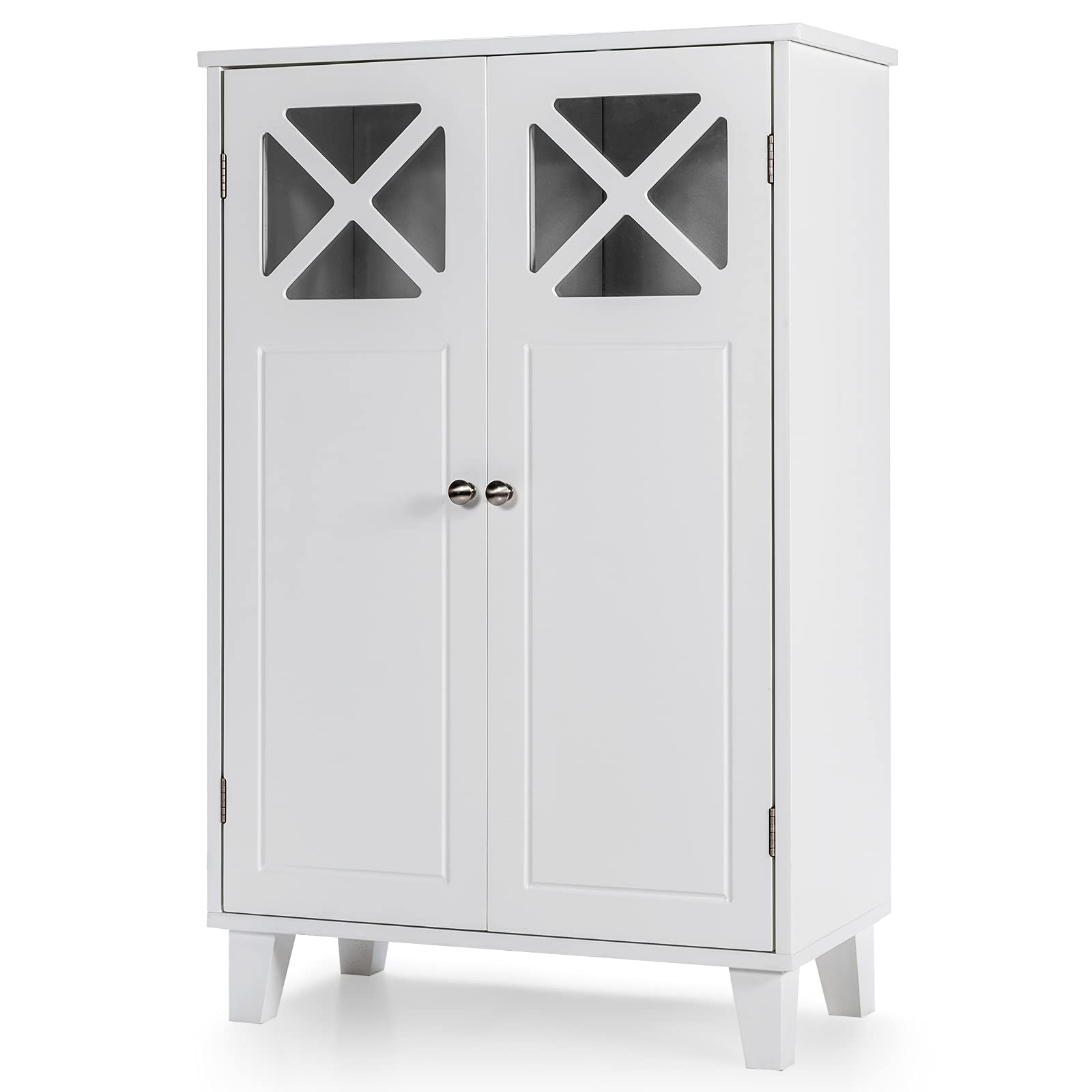 23.5 in. W x 12 in. D x 36.5 in. H Bathroom Floor Storage Linen Cabinet in White with Double Door and Visible Windows