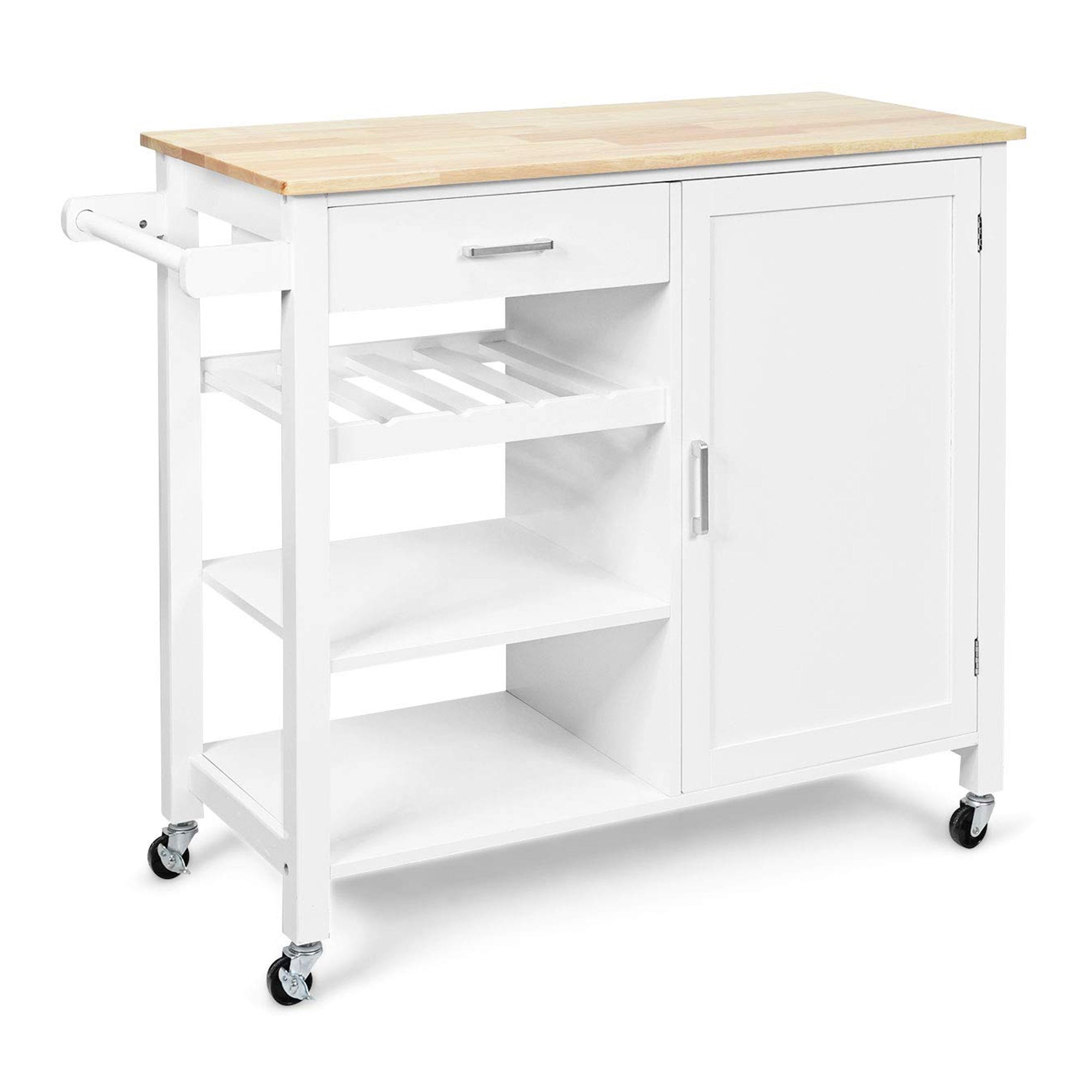 White Rolling Kitchen Cart with Towel Rack and Wood Table Top