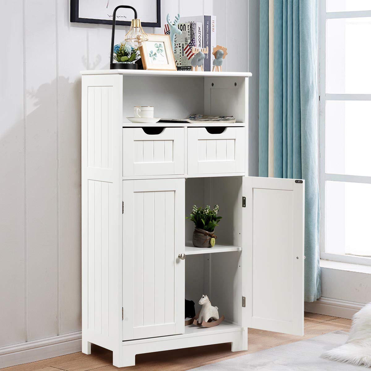 24 in. W x 12 in. D x 43 in. H White Double Door Bathroom Linen Cabinet Floor Storage Cabinet with 2-Drawers and 2-Doors