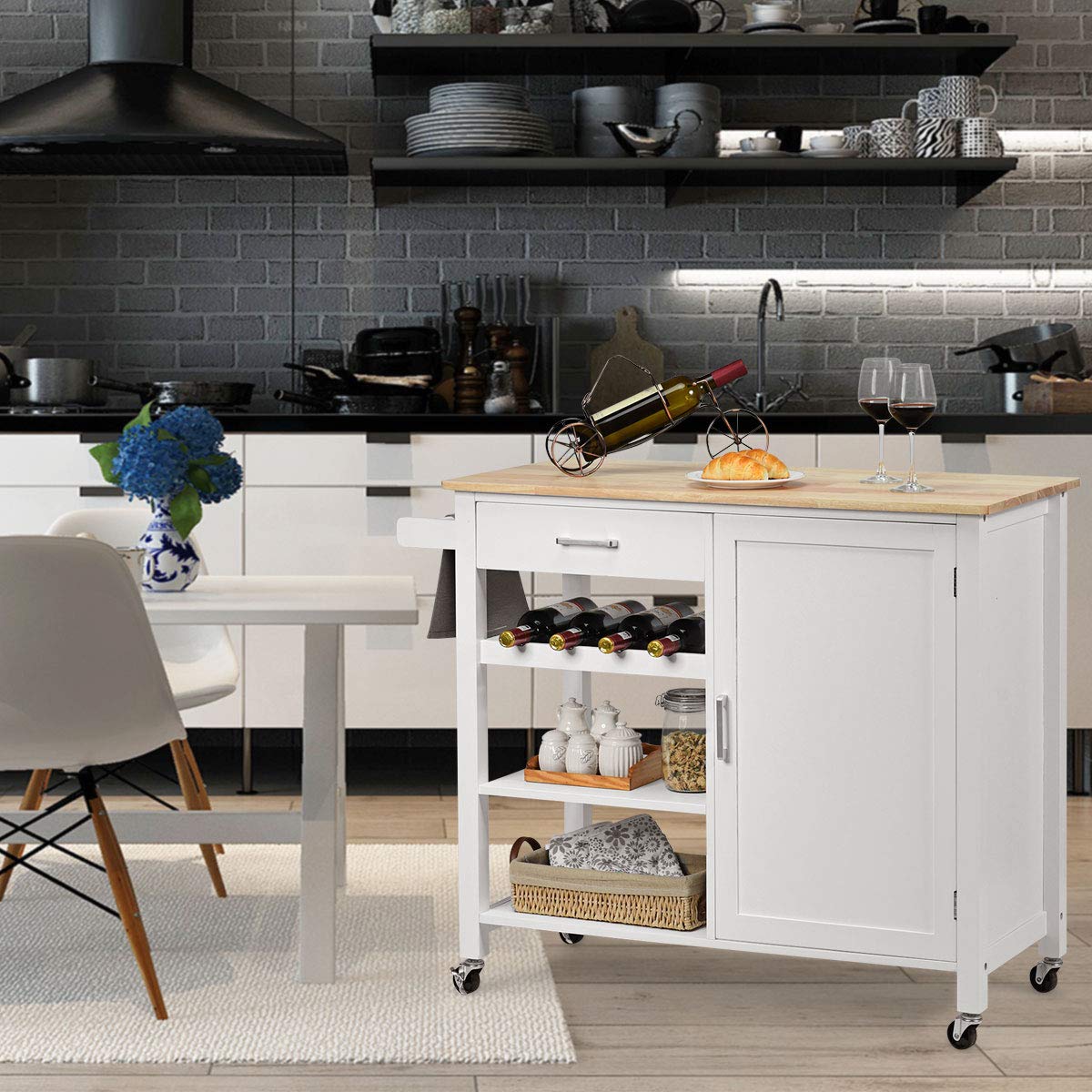 White Rolling Kitchen Cart with Towel Rack and Wood Table Top