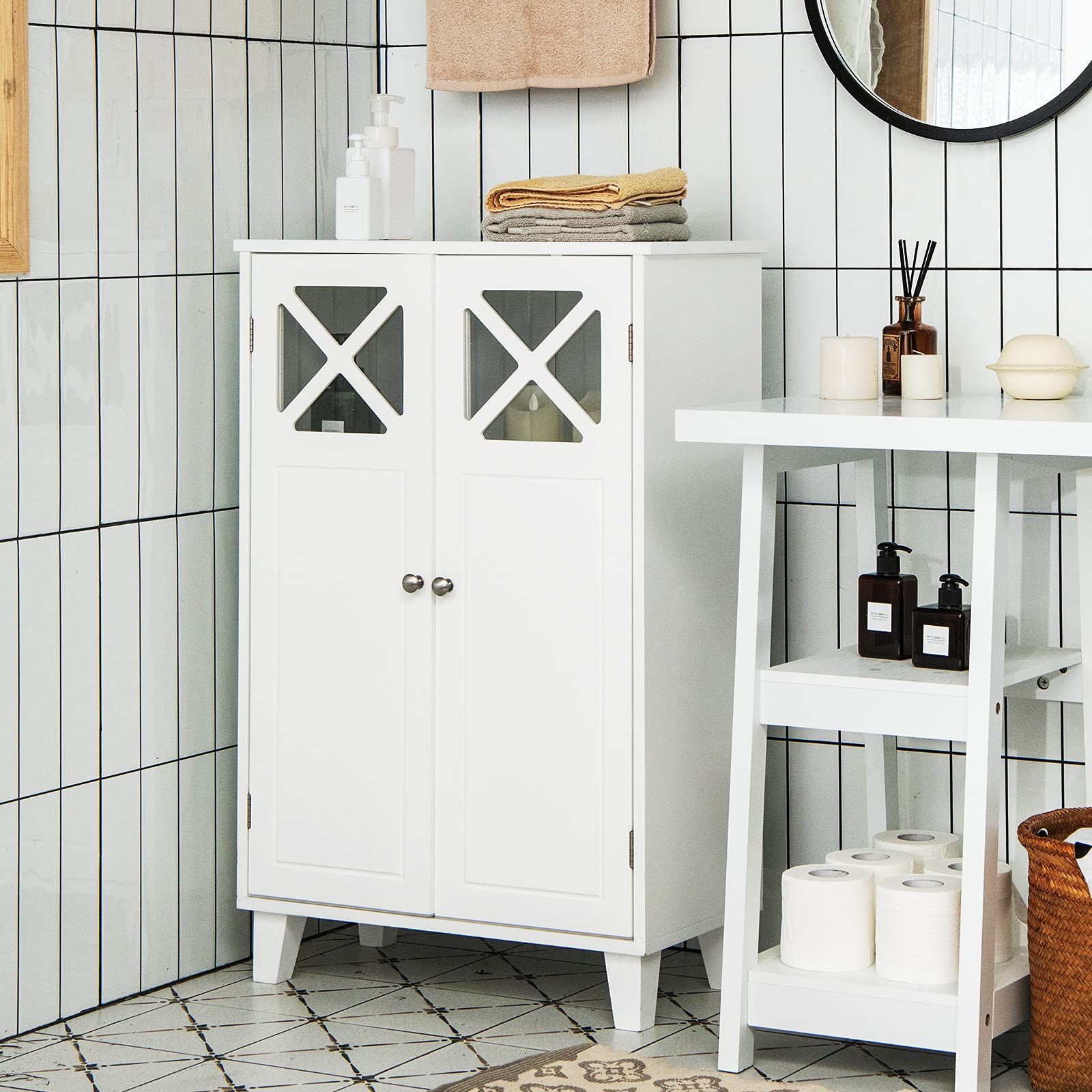 23.5 in. W x 12 in. D x 36.5 in. H Bathroom Floor Storage Linen Cabinet in White with Double Door and Visible Windows