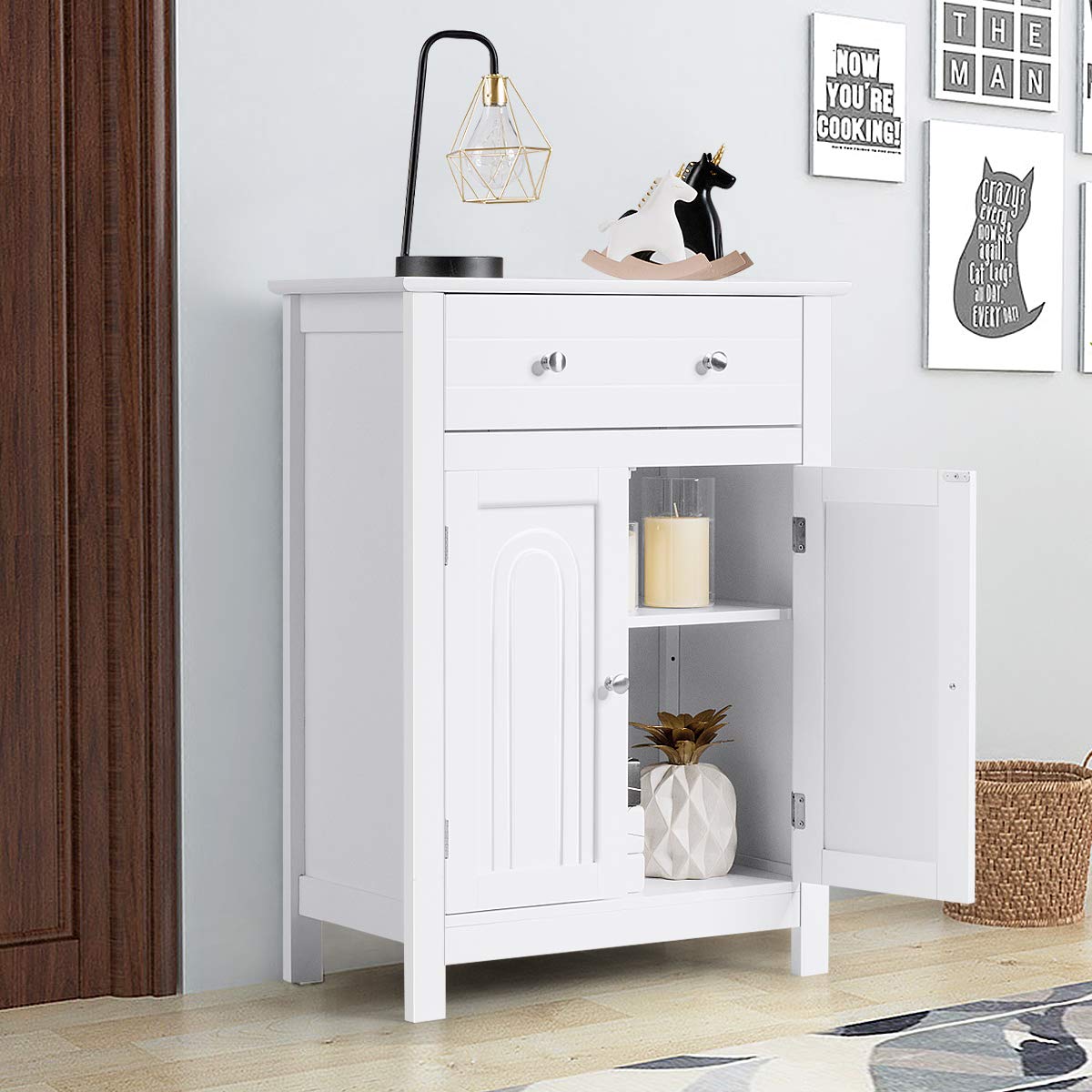 23.5 in. W x 12 in. D x 31.5 in. H Double Door Bathroom Linen Cabinet Floor Storage Cabinet in White with Large Drawer