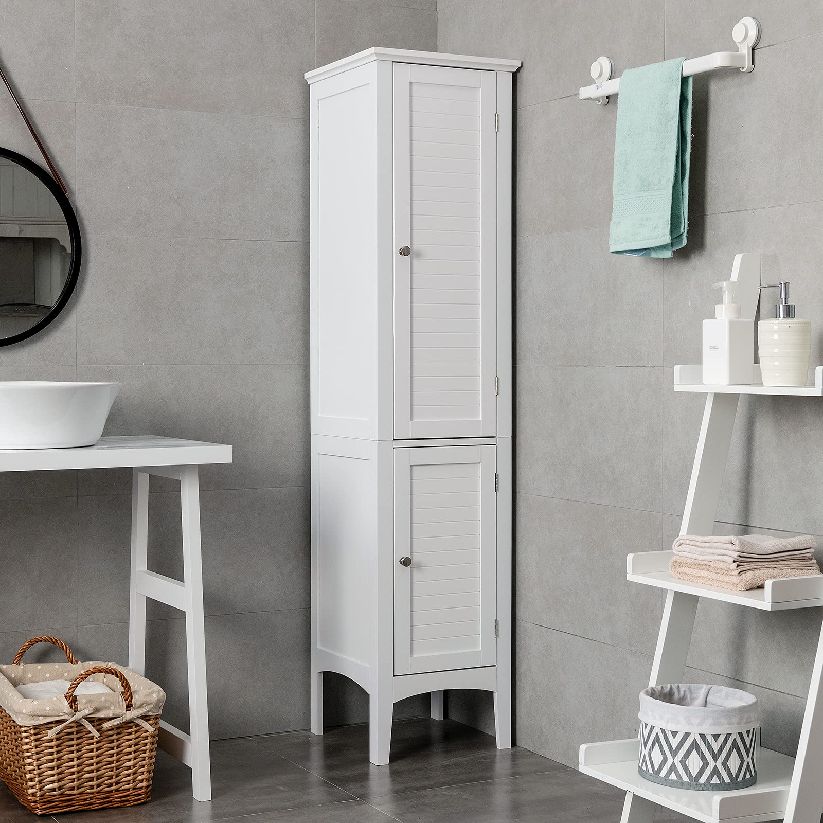 14.5 in. W x 14.5 in. D x 63 in. H White Freestanding Bathroom Storage Linen Cabinet