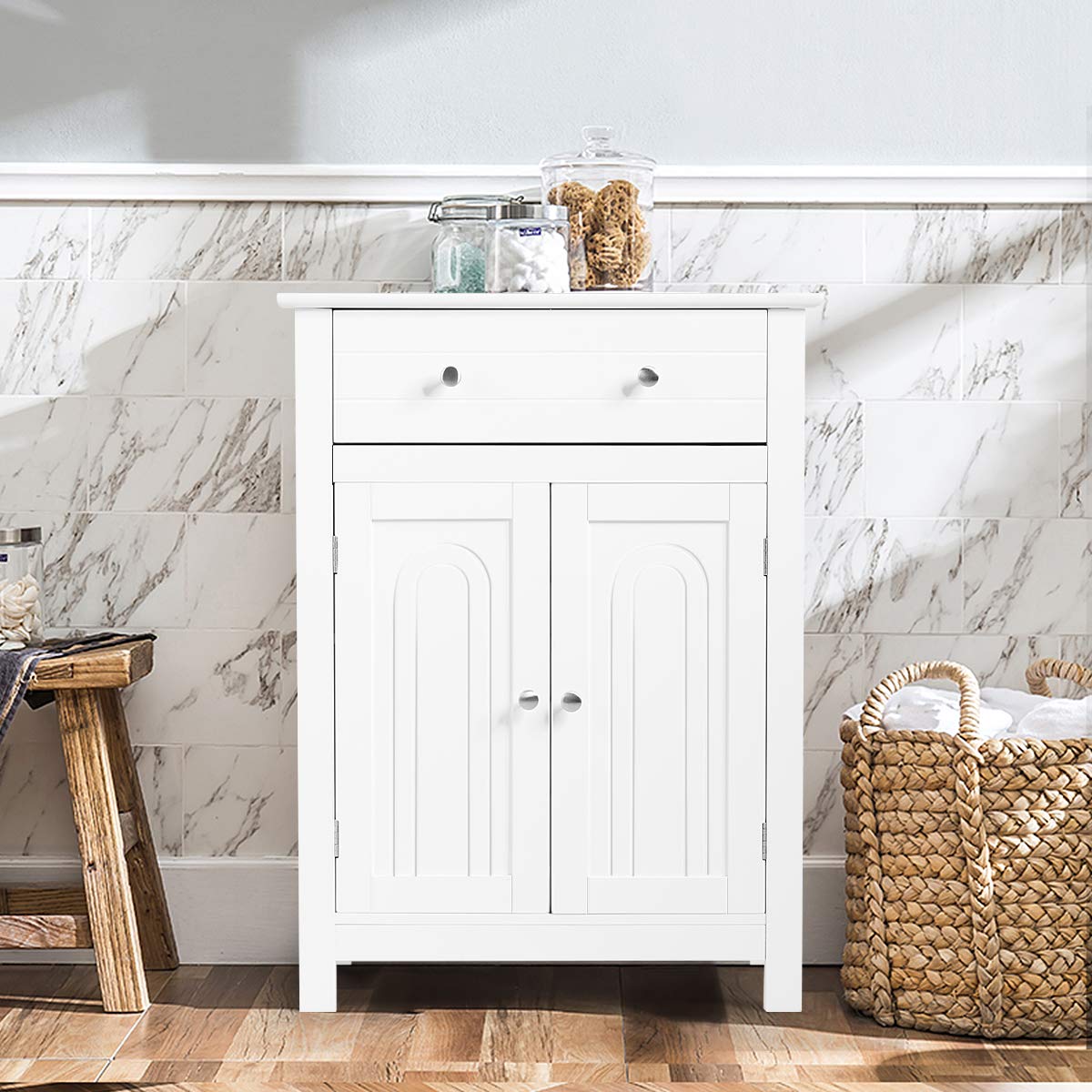 23.5 in. W x 12 in. D x 31.5 in. H Double Door Bathroom Linen Cabinet Floor Storage Cabinet in White with Large Drawer