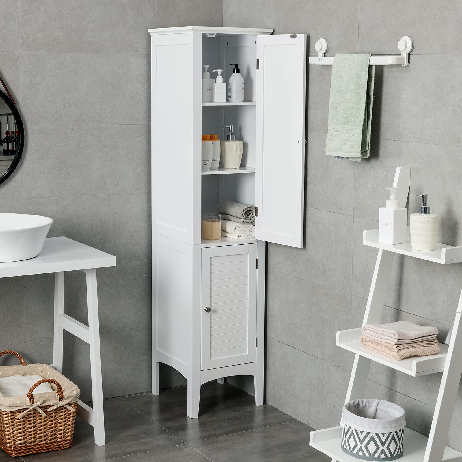 14.5 in. W x 14.5 in. D x 63 in. H White Freestanding Bathroom Storage Linen Cabinet