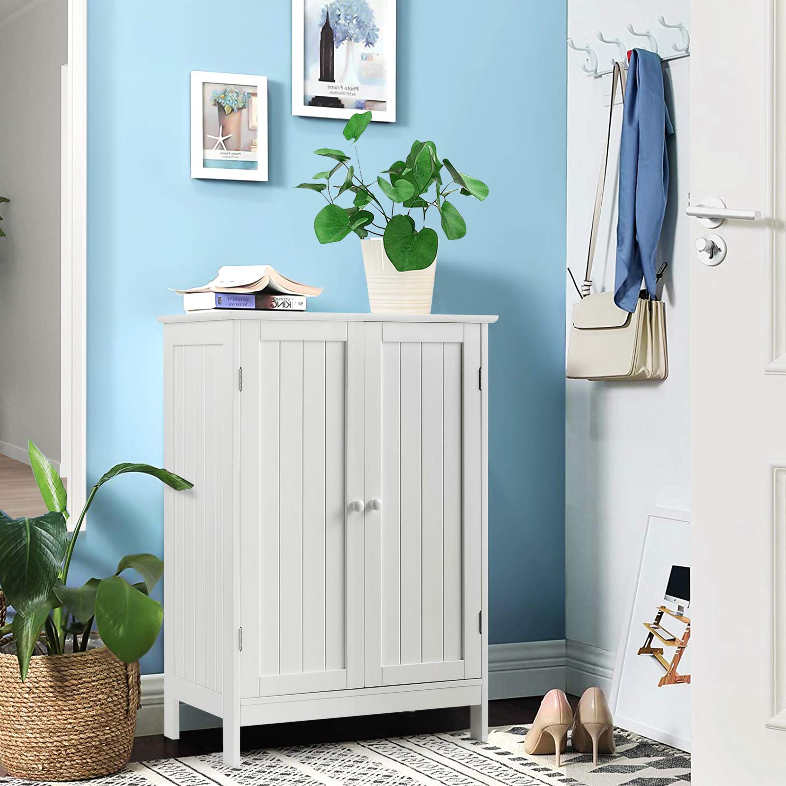 23.5 in. W x 14 in. D x 34.5 in. H Bathroom Floor Storage Linen Cabinet Double Door Kitchen Cupboard in White