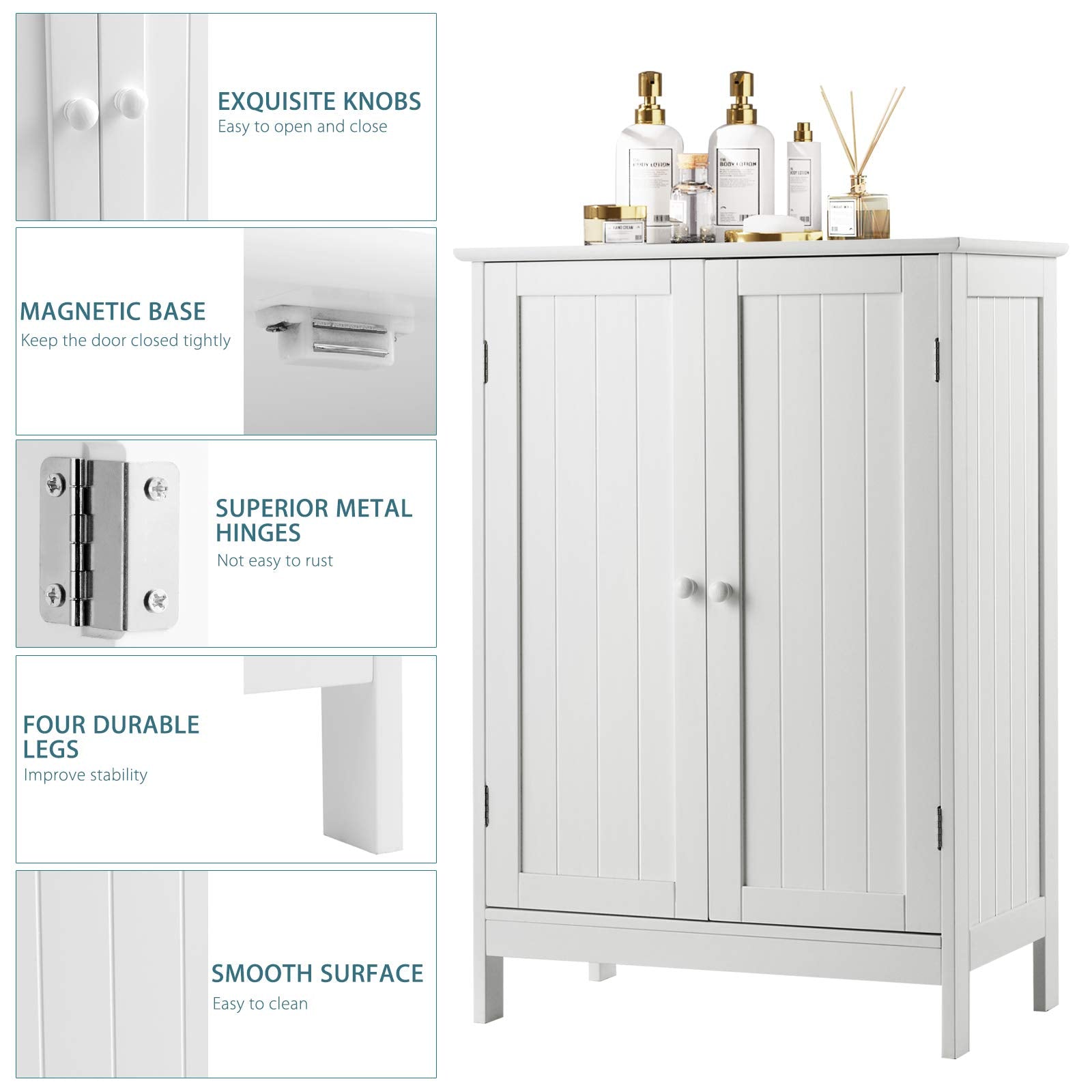 23.5 in. W x 14 in. D x 34.5 in. H Bathroom Floor Storage Linen Cabinet Double Door Kitchen Cupboard in White