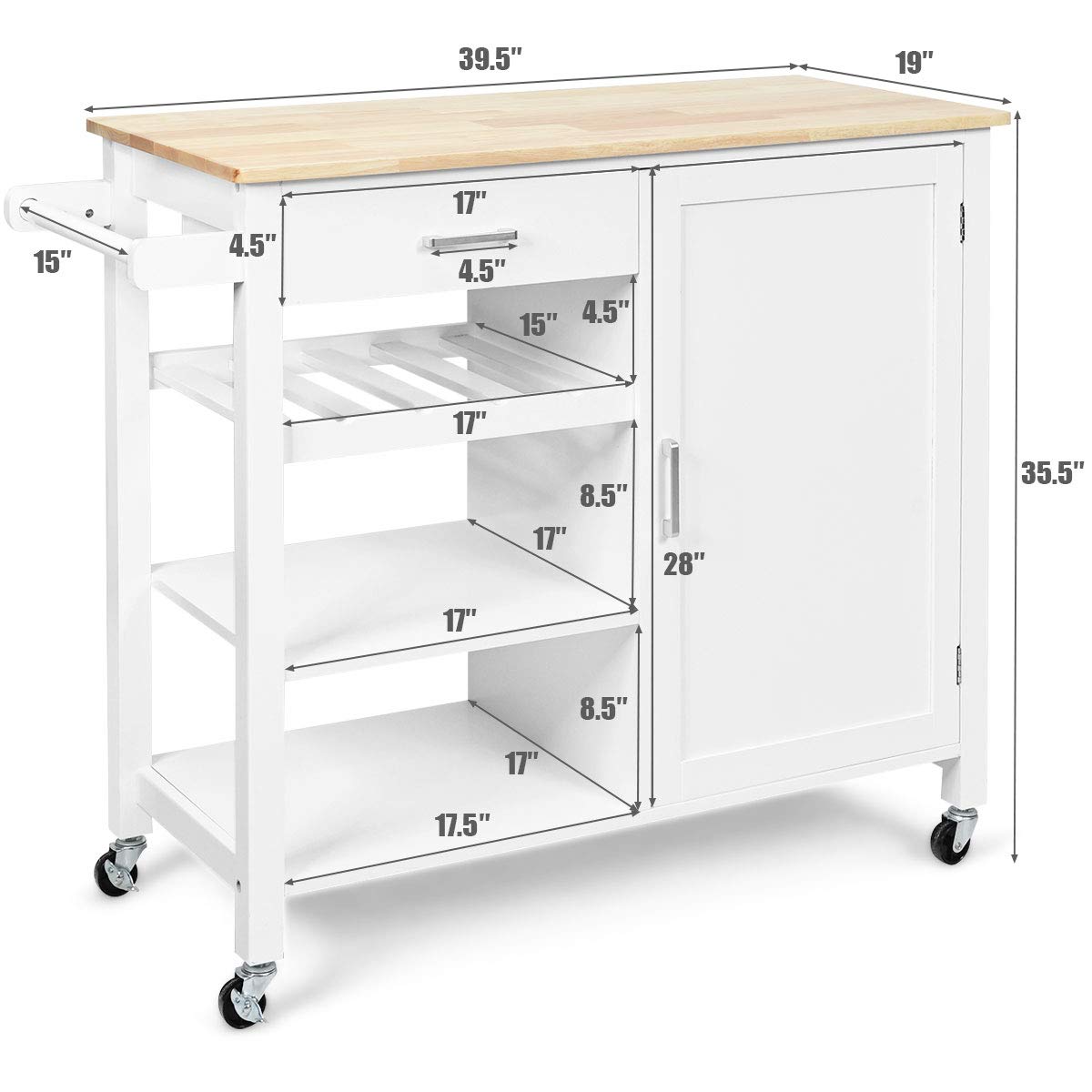 White Rolling Kitchen Cart with Towel Rack and Wood Table Top