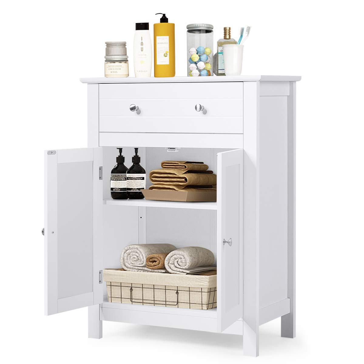 23.5 in. W x 12 in. D x 31.5 in. H Double Door Bathroom Linen Cabinet Floor Storage Cabinet in White with Large Drawer