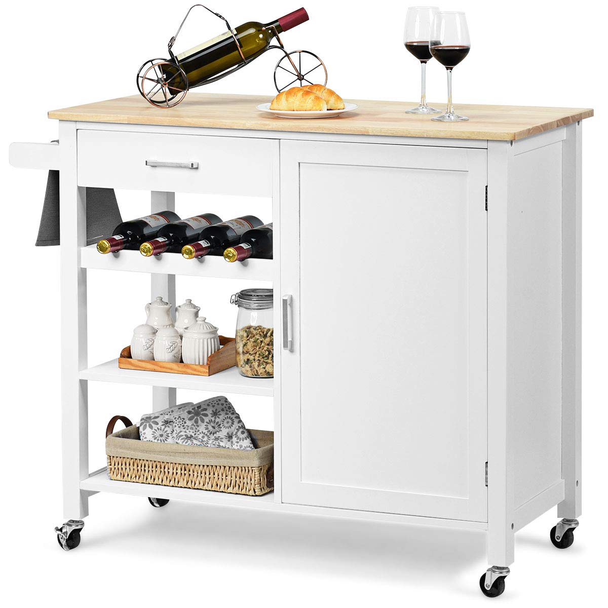 White Rolling Kitchen Cart with Towel Rack and Wood Table Top