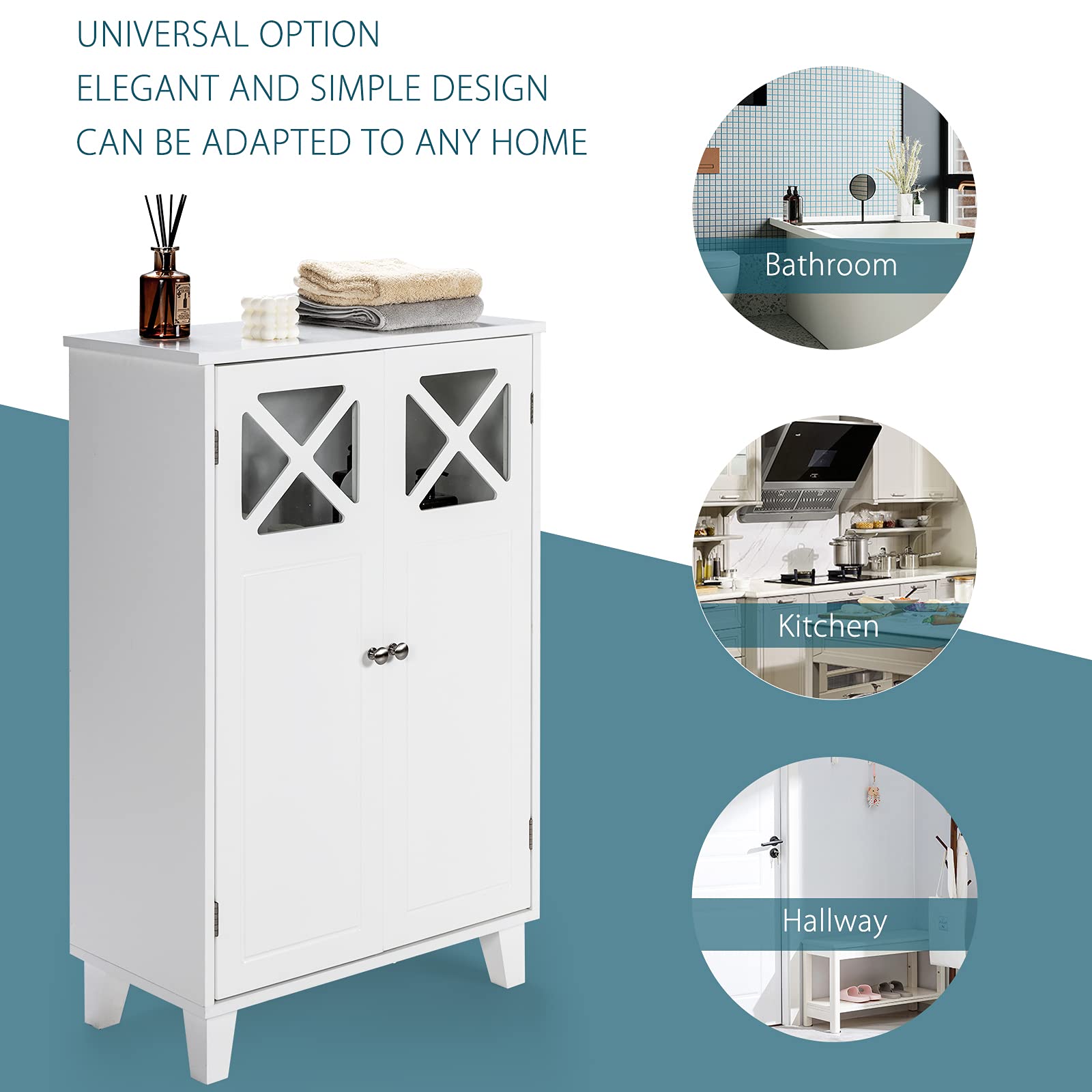 23.5 in. W x 12 in. D x 36.5 in. H Bathroom Floor Storage Linen Cabinet in White with Double Door and Visible Windows