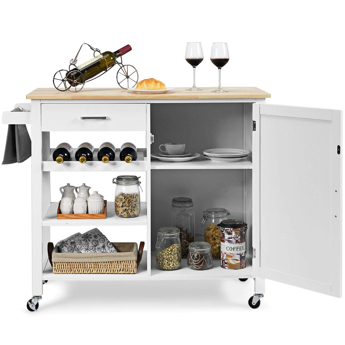 White Rolling Kitchen Cart with Towel Rack and Wood Table Top