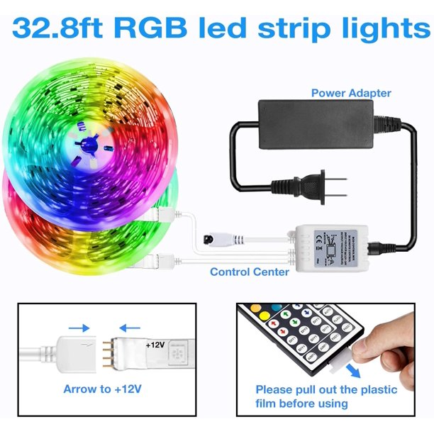 LED Strip Lights 32.8ft 600 LEDs with 44 Keys Remote Control, 3528 RGB Color Change for Home Bedroom Kitchen DIY Decoration