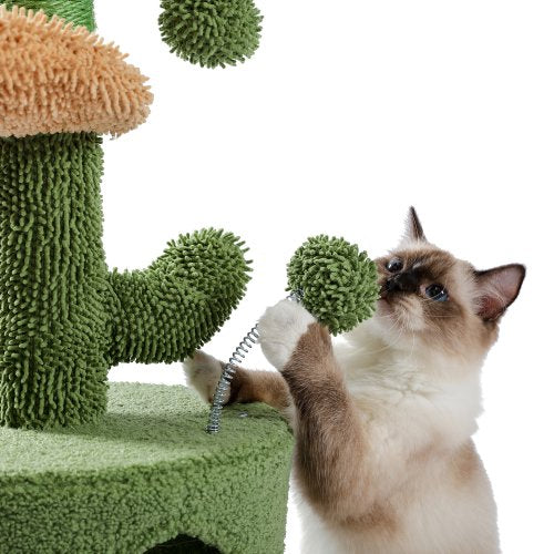 SUGIFT Indoor Cat Tree Cactus Cat Tower with Sisal Covered Scratching Post, Cozy Condo, Plush Perches and Fluffy Balls