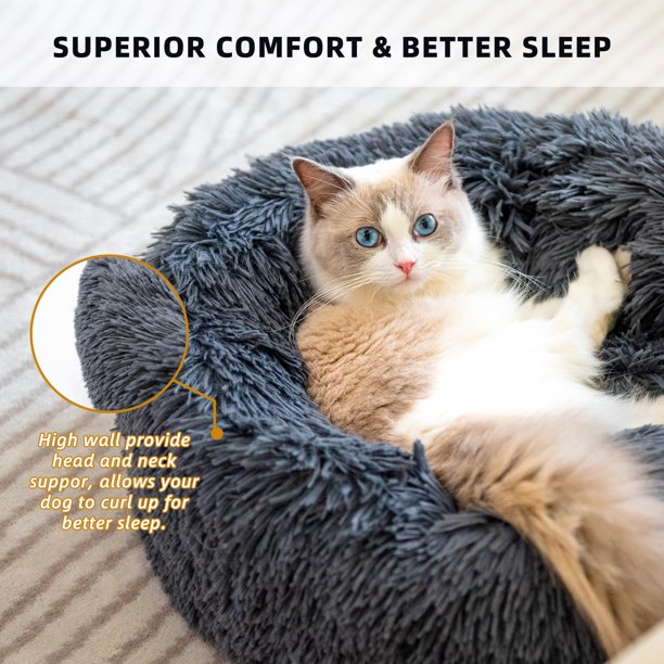 SUGIFT Pet Beds for Cats, Anti Anxiety Fluffy Dog Bed Cuddler with Anti-Slip & Water-Resistant Bottom, Washable Calming Dog Bed for Small Medium Pets 15.7 x 15.7inch