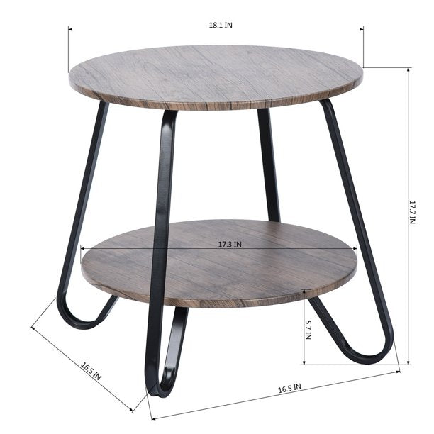 SUGIFT 2 Tiers Small Round Coffee Table End Table Side Nightstand with Storage Industry Rack Wood Table Accent Furniture Metal Frame Brown 18.1 inches