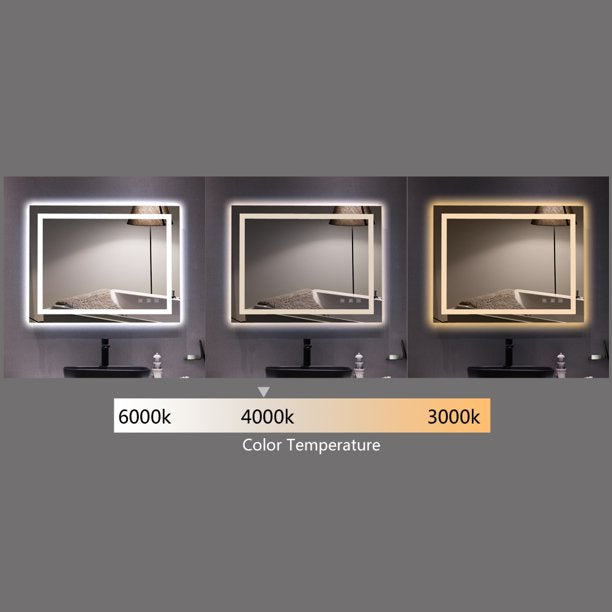 Luobod Square Touch LED Bathroom Mirror, Tricolor Dimming Lights