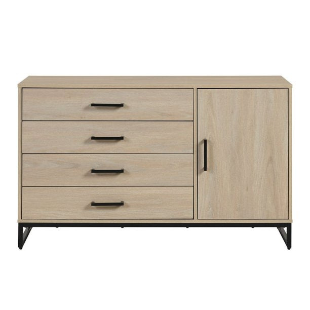 SUGIFT Industrial 4 Drawer Dresser W/ Door Cabinet, Beige Oak