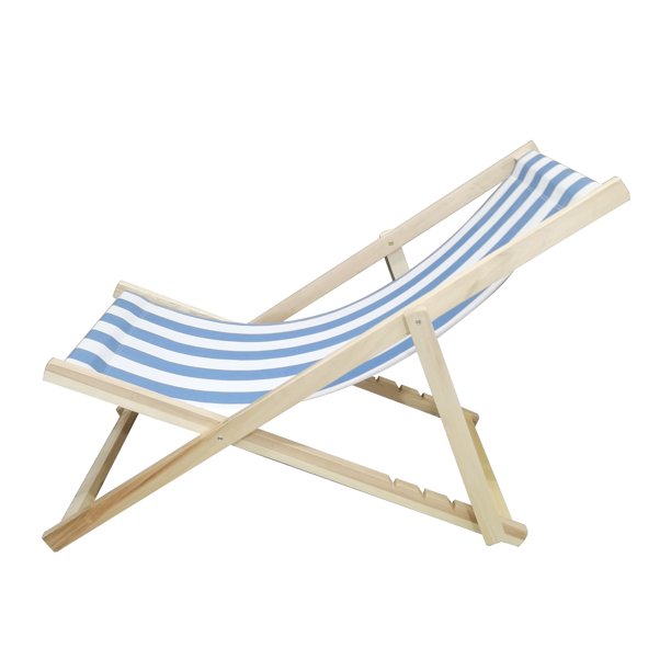 SUGIFT Beach Sling Chair, Lounge Striped Chair Outdoor, Reclining Beach Chair, Wooden Folding Adjustable Patio Chair, Light Blue