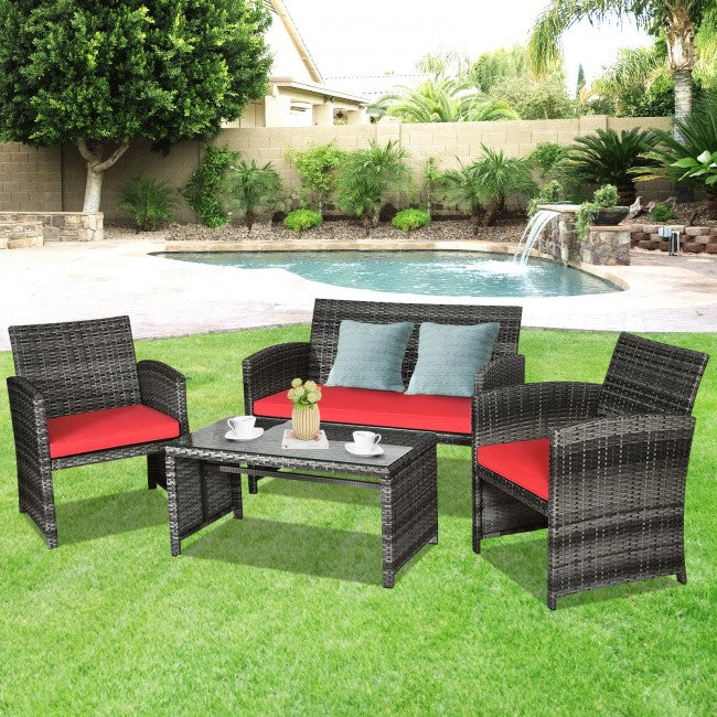 SUGIFT4 Pieces Patio Rattan Furniture Set with Glass Table and Loveseat,Red