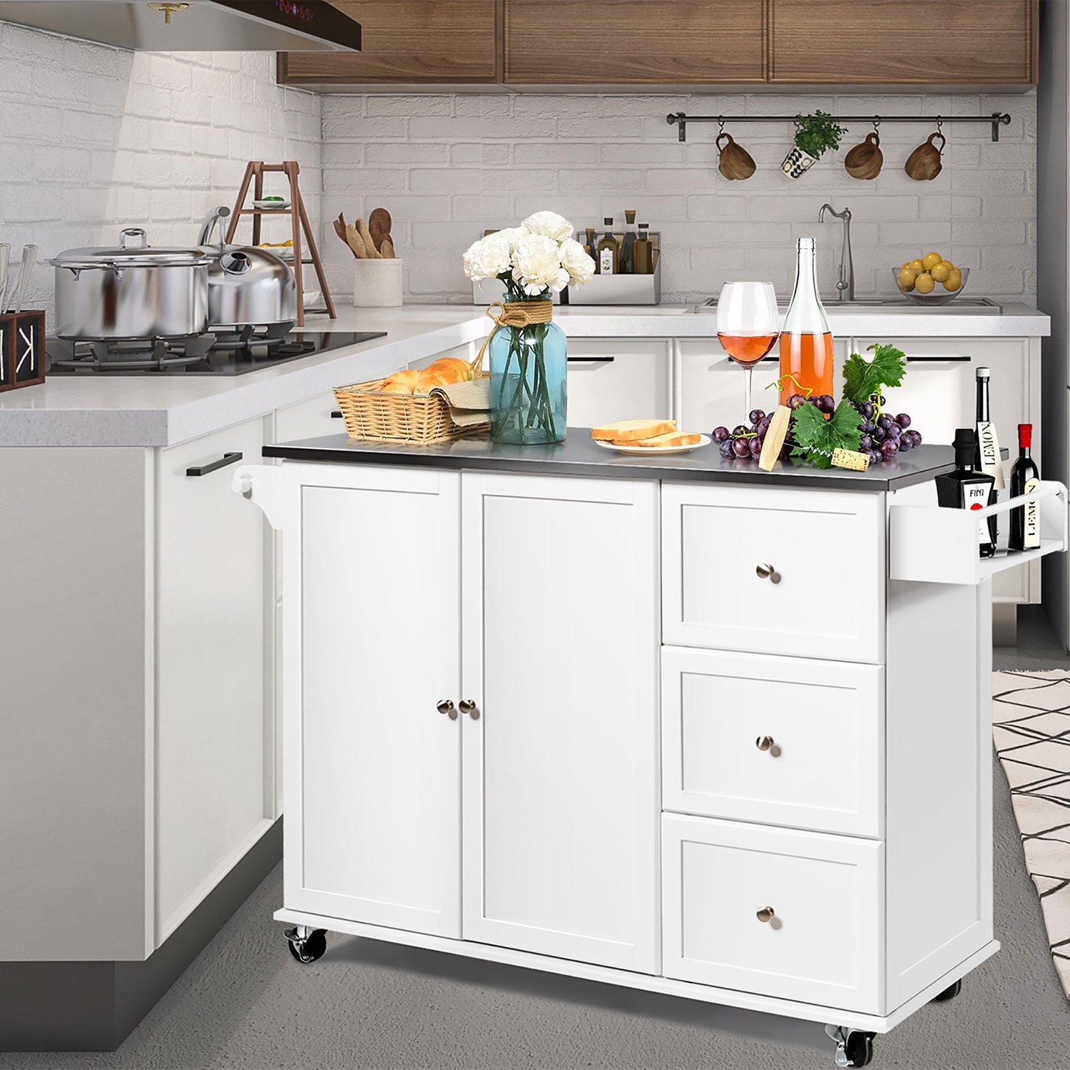 SUGIFT Kitchen Island 2 Doors Locker On Wheels Stainless Steel Top 3 Drawers White