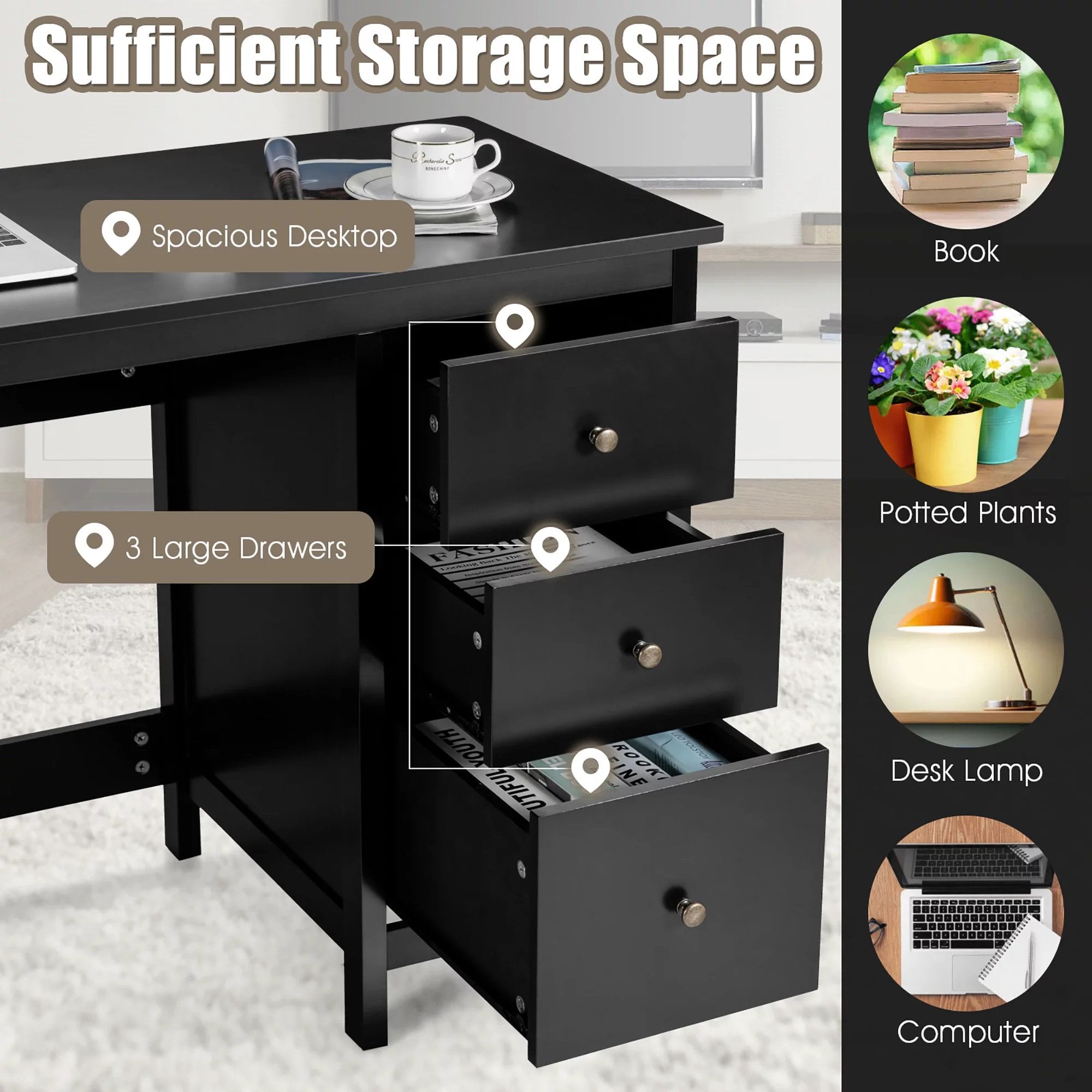 SUGIFT Computer DeskModern Wood 3-Drawer Office Desk Black