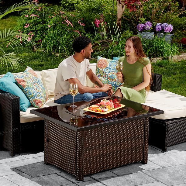 Rectangular 40000 BTU Liquid Propane Gas Outdoor Fire Pit Table with White Fire Glass, Center Insert and Cover, Brown/Black