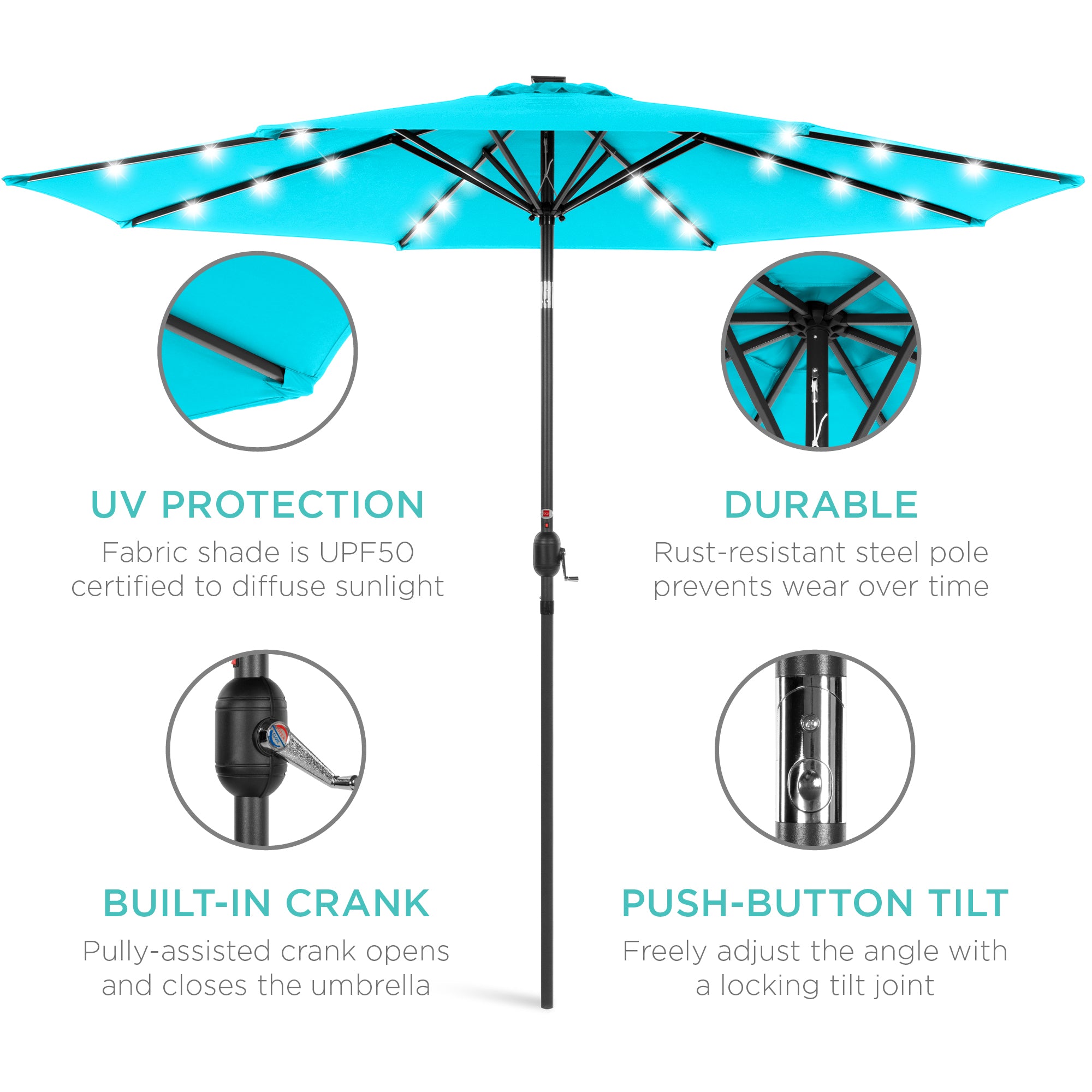 SUGIFT 10ft Solar LED Lighted Patio Umbrella w/ Tilt Adjustment, Fade-Resistant Fabric - Light Blue