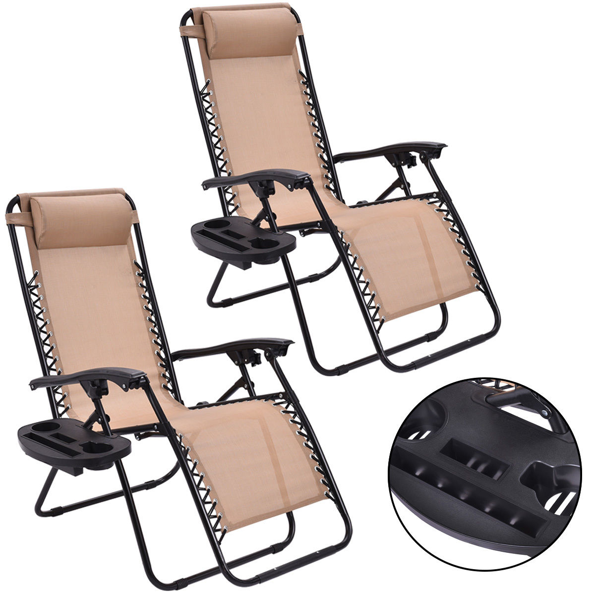 SUGIFT 2PC Zero Gravity Chairs Lounge Patio Folding Recliner Beige W/Cup Holder