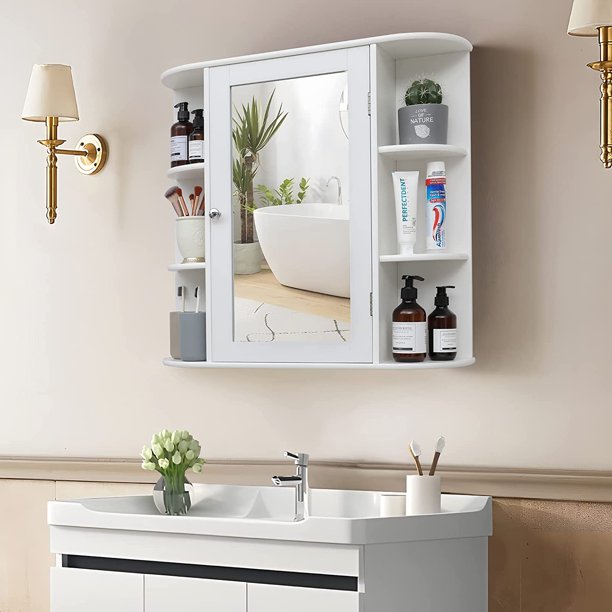 SUGIFT Bathroom Wall Cabinet with 1 Mirror Door Medicine Cabinet with Adjustable Shelf & 6 Open Shelves White