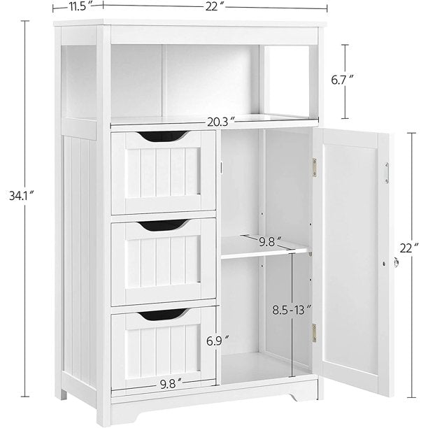 SUGIFT Floor Cabinet Wooden Storage Organizer with 1 Door and 3 Drawers