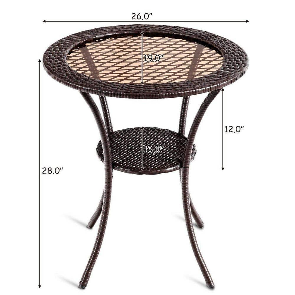 26 in. Brown Round Wicker Outdoor Patio Coffee Table With Lower Shelf