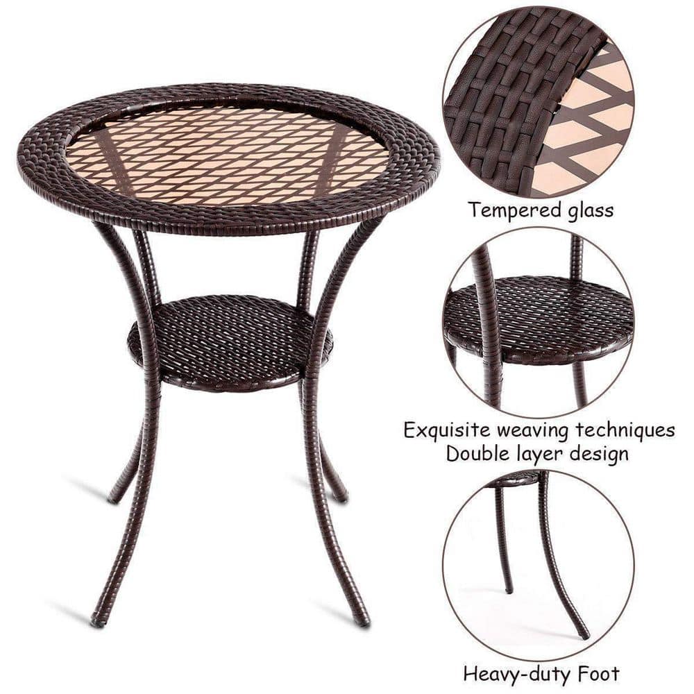 26 in. Brown Round Wicker Outdoor Patio Coffee Table With Lower Shelf