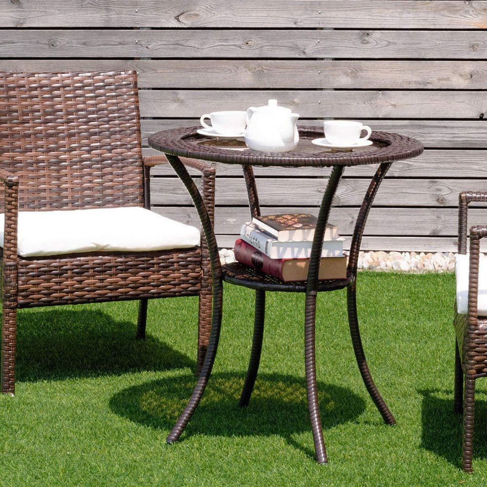 26 in. Brown Round Wicker Outdoor Patio Coffee Table With Lower Shelf