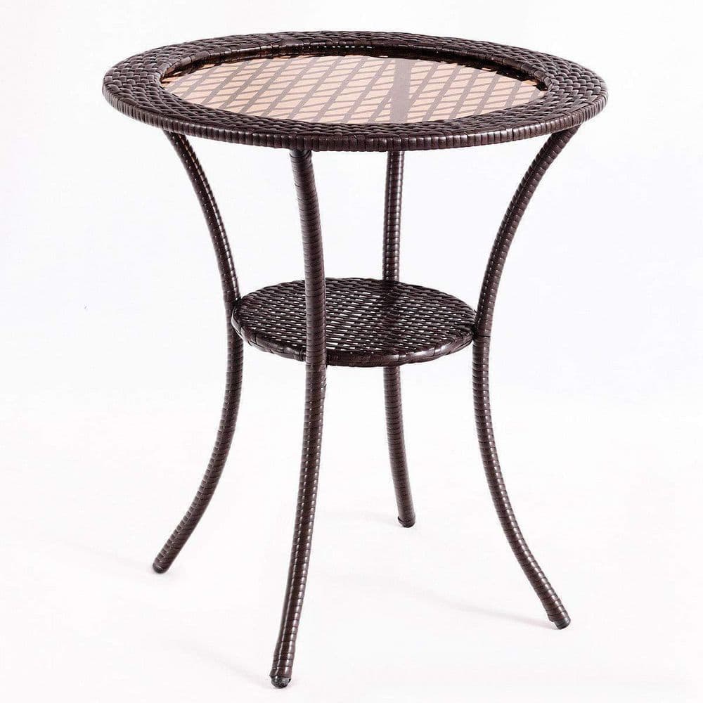 26 in. Brown Round Wicker Outdoor Patio Coffee Table With Lower Shelf