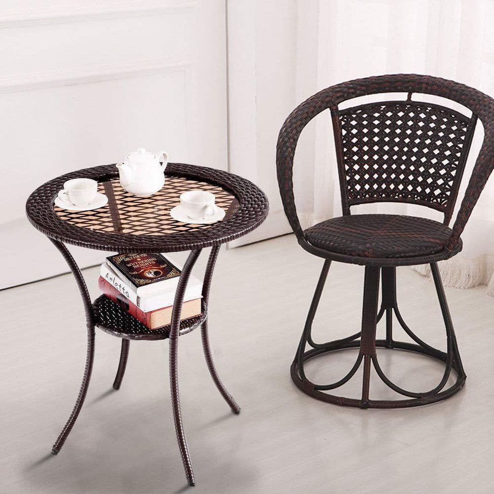 26 in. Brown Round Wicker Outdoor Patio Coffee Table With Lower Shelf