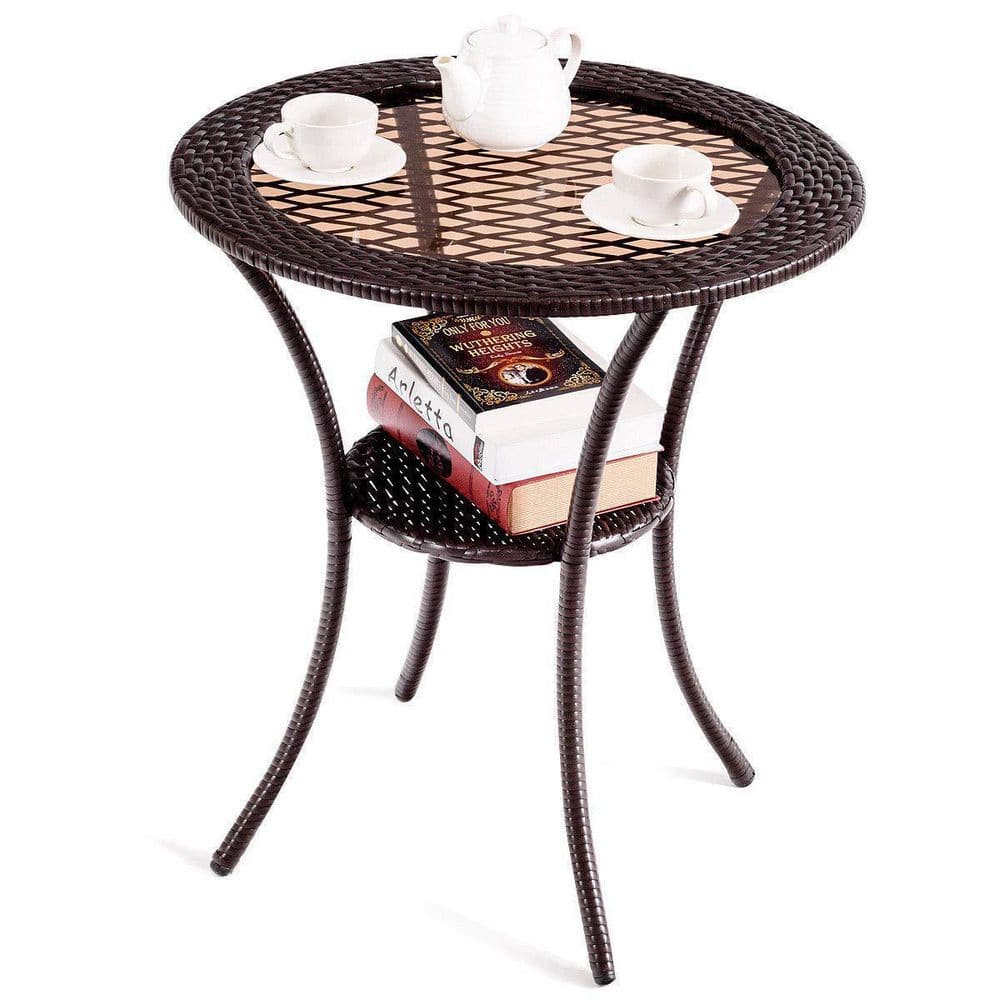 26 in. Brown Round Wicker Outdoor Patio Coffee Table With Lower Shelf